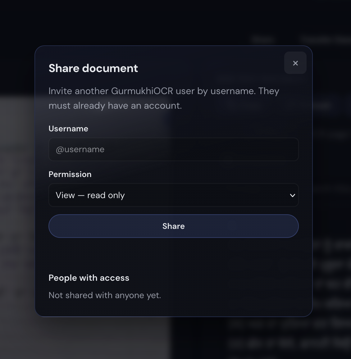 Share document dialog in dark mode