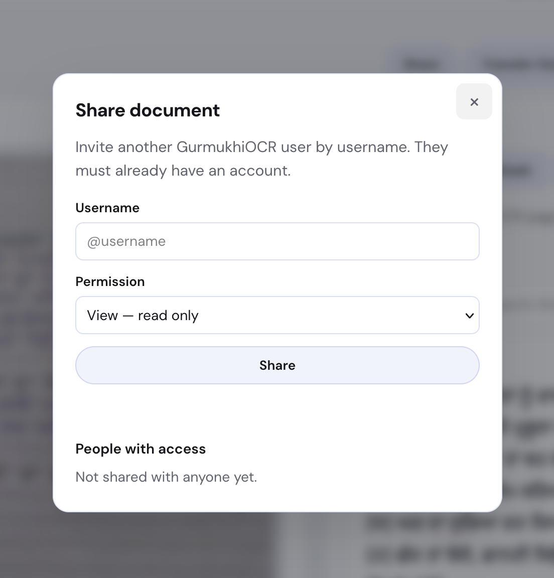 Share document dialog in light mode